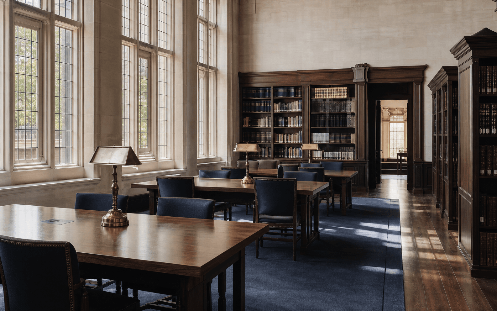 Quiet university library with tall windows, reading tables and bookshelves